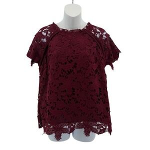 Anthro Guest Editor Burgundy Lace Blouse Women Medium Sheer Floral Overlay Top